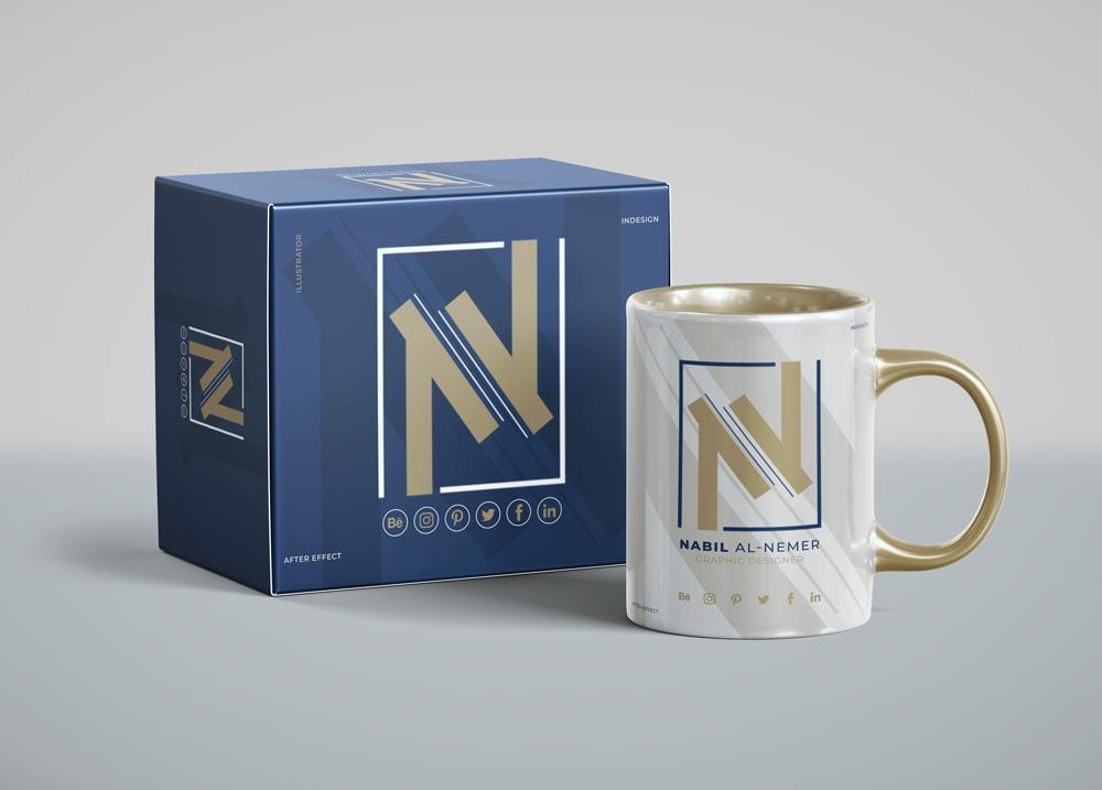 free mug with packaging box mockup psd