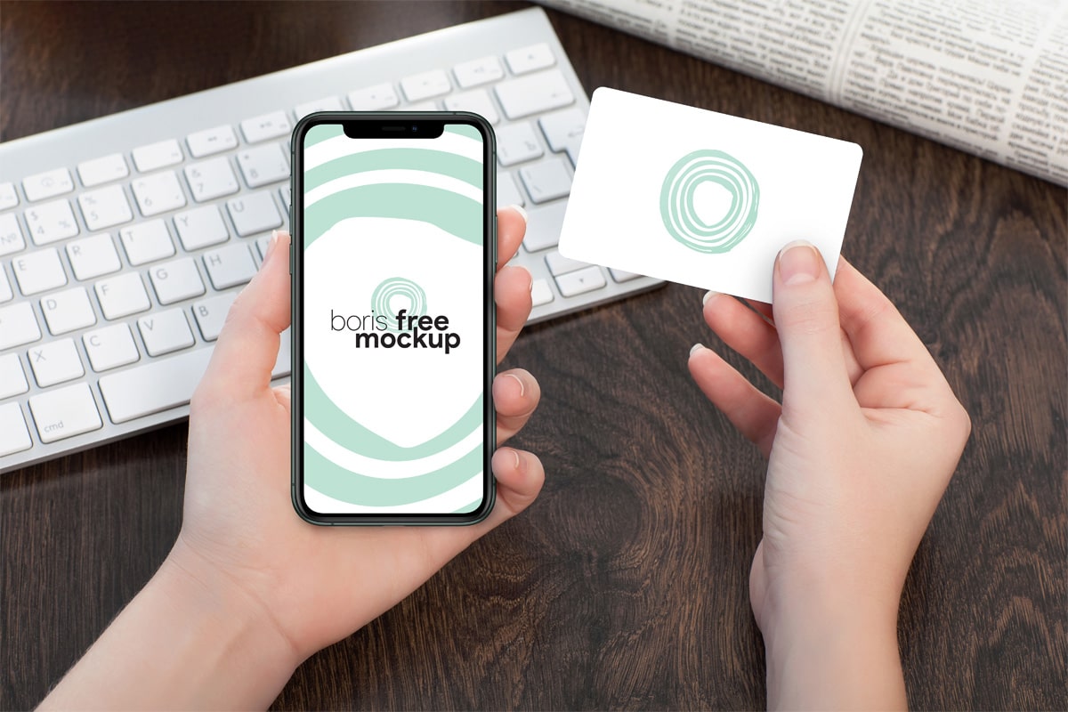 Download Free Hand Holding iPhone 11 Pro Max & Credit Card Mockup ...