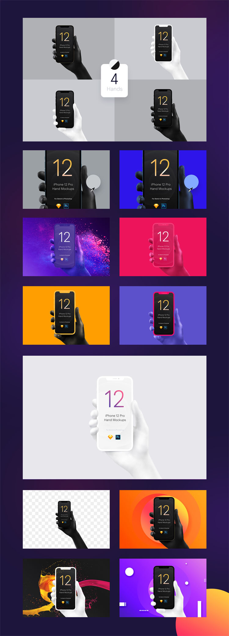 Unicolor & B/W Hands iPhone 12 Pro Mockups