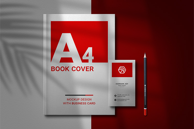 Free A4 Book Cover with Business Card Mockup